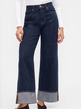 Gap High Rise Wide Leg Jeans Womens 10/30R Dark Wash Cuffed Denim